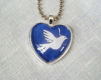 Dove of Peace Glass Heart Pendant. Lovingly handmade in Brooklyn by Wishing Well Studio.