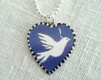 Dove of Peace Heart Pendant. Lovingly Handmade in Brooklyn by Wishing Well Studio.