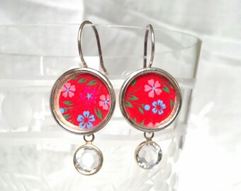 Pretty Red Vintage Calico Dangly Earrings with Sparkling Clear Swarovski Crystals.