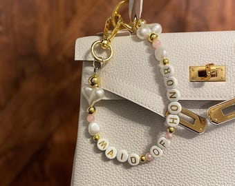 Handmade Beaded Wedding Keychain: Pearly Heart Bag Charm