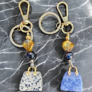 Handmade Stone Mini Purse Keychain: Blown Glass Beads & Gold Accents