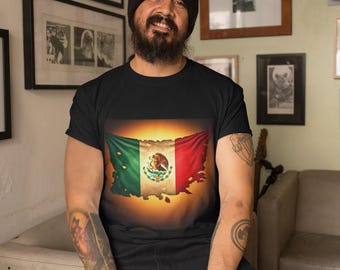 Camiseta clásica unisex con bandera mexicana desgastada estampada de moda para hombres y mujeres Cómoda y suave