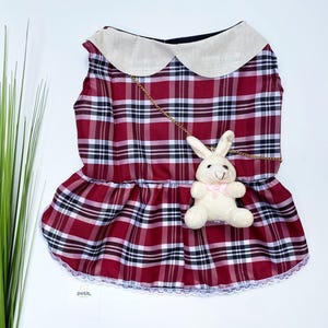 Plaid Dog Dress with Bunny Purse | Cute Small Dog Outfit with Collar | Fall & Winter Pet Dress | Puppy Clothes for Girls