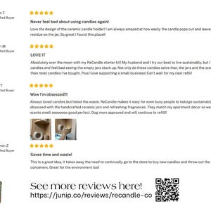 Reviews for ReCandle Co.'s refillable and reusable candle discussing how it's eco-friendly, non-toxic, and easy to use.