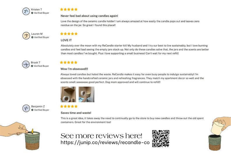 Reviews for ReCandle Co.'s refillable and reusable candle discussing how it's eco-friendly, non-toxic, and easy to use.