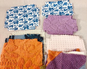 Lot of Vibrant Colored Vintage Chenille Squares And Flannel Blocks Plus Large Piece of Pieced Chenille Bias Binding Quilt Starter 31” by 12”