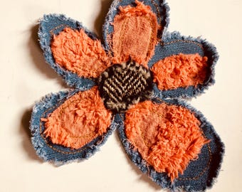Big Boho Denim Chenille Flower Patch For Totes Jackets Shorts Jeans Skirts 5” x 5” Scrappy Hippie Thrift Flip Handmade