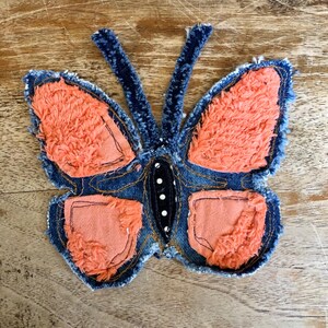 BOHO Fluffy Orange Chenille Butterfly Patch | Frayed Denim Appliqué |6” x 6” SZ | CottageCore | Hippie | Junk Journal | Raw Edges | Handmade