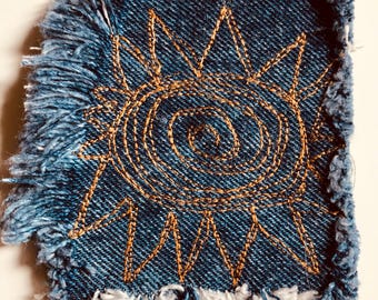 Denim Sun Patch | 3” x 4” | Gold Thread | Hippie Love | Appliqué | Free US Shipping