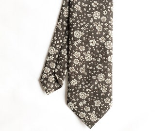 Dom - Gray White Floral Men's Tie, Skinny Tie