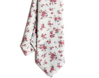 Jamie - White Pink Floral Men's Tie, Skinny Tie