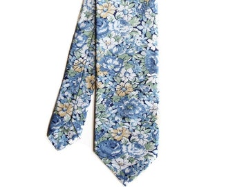 Fleur - Blue Floral Men's Tie, Skinny Tie