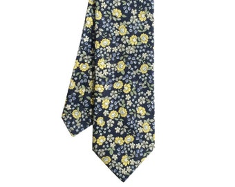 Mason - Blue Yellow Floral Men's Tie, Skinny Tie
