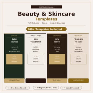 Può includere: Grafica digitale scaricabile con il testo "Modelli di bellezza e cura della pelle". Il design include sezioni per routine di cura della pelle, risultati prima e dopo, promozioni di nuovi sieri e testimonianze dei clienti. Modelli completamente modificabili.
