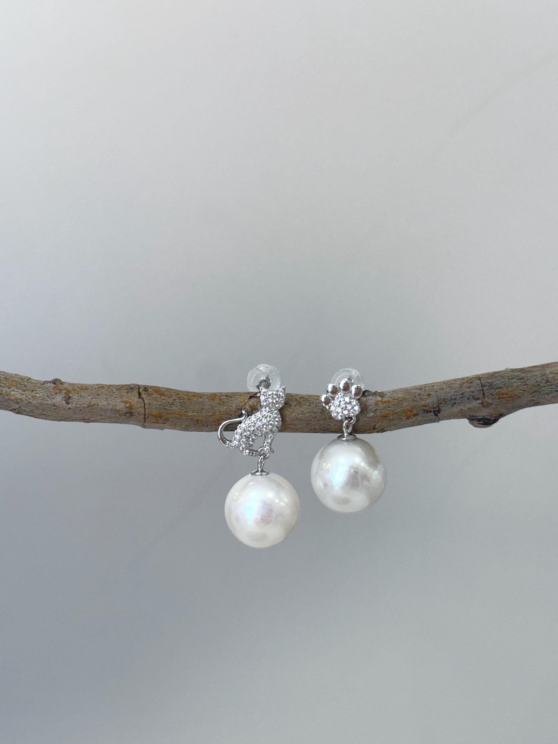 Jiahanzb Orecchini gatto perle in Argento 925 Orecchini di Perle per donne Perle Bianche di Donna gatto gioielli 8 mm