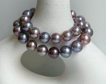 11.7-13.6mm 33pcs Rainbow Metallic extreme luster round Edison Pearl necklace wedding anniversary necklace perfect high quality gift for her