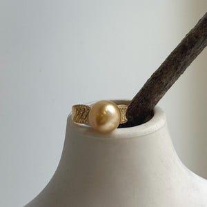 May include: A gold ring featuring a large, lustrous, golden pearl. The ring's band has a textured design with small, sparkling accents. The ring is set against a neutral background, highlighting the jewelry's elegance and design.