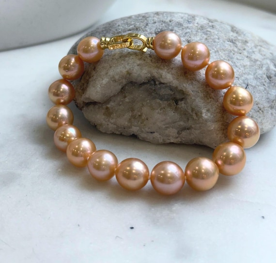 うめぼし様 18cm rosegoldブレスレット Elly's 16pcs 9.8-11mm Natural Sunset Peach Gold Edison Pearls