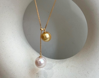 Double Freshwater metallic Golden White Pearls minimalist S925 Silver Y-lariat chain Necklace unique gift for her. 10.4-12mm