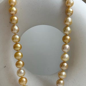 May include: A golden pearl necklace with large, round pearls. The pearls have a warm, lustrous glow, ranging in color from creamy white to deep gold. The necklace is draped on a white, abstract form, showcasing the jewelry.