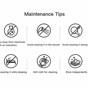 May include: A black and white infographic titled Maintenance Tips featuring six circular icons. The icons depict avoiding chemicals, showers, sports, and sleeping, plus instructions to use a soft cloth for cleaning and to store items independently.