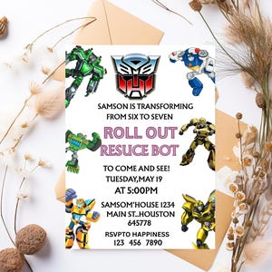 Dérouler le carton d'invitation d'anniversaire | Faire-part modifiable inspiré des Transformers | Thème camion imprimable | PDF numérique à téléchargement immédiat