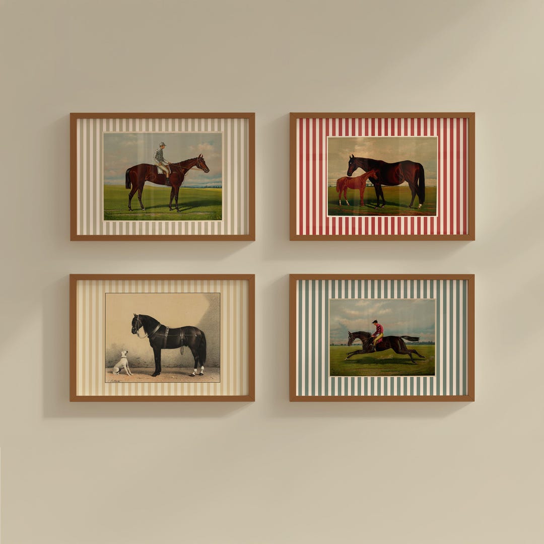 Vintage Horse Painting Set - Antique Farmhouse Wall Decor - Stripes ...