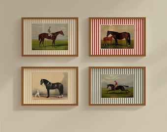 Vintage Horse Painting Set - Antique Farmhouse Wall Decor - Stripes included in design
