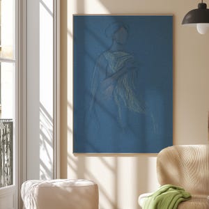 Abstract Portrait Wall Art, Vintage Drawing, Blue Living Room Decor, Downloadable Print, Large Wall Art, Vintage Art Print