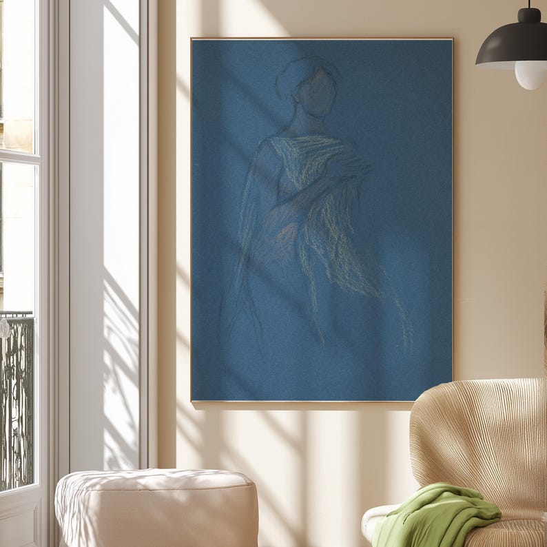 Abstract Portrait Wall Art, Vintage Drawing, Blue Living Room Decor, Downloadable Print, Large Wall Art, Vintage Art Print