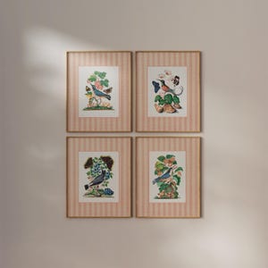 Gallery wall set of 4 Retro Vintage Prints, Countryside Decor, Digital Download, Striped Art, Cottagecore Art, Vintage Aesthetic, Bird Decor