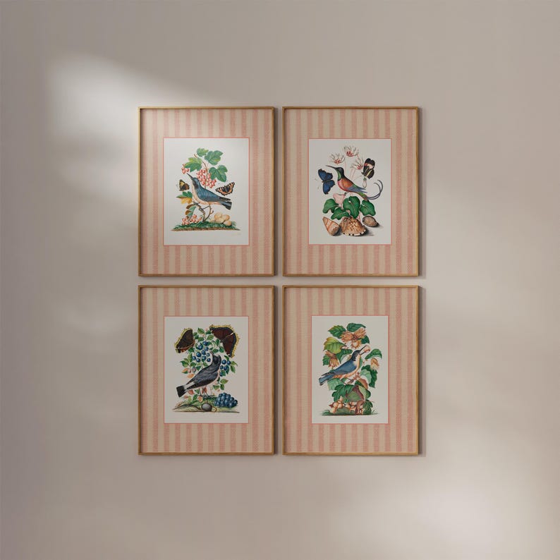 Gallery wall set of 4 Retro Vintage Prints, Countryside Decor, Digital Download, Striped Art, Cottagecore Art, Vintage Aesthetic, Bird Decor