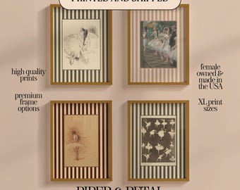 May include: Four framed art prints with vintage designs. Each print features a different image, including sketches and ballet dancers. The frames are gold with striped backgrounds in various colors. The text "PRINTED AND SHIPPED" is at the top.