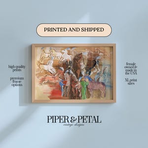 May include: Framed art print featuring a colorful abstract painting of horses in motion. The artwork includes a light brown frame. The text "PRINTED AND SHIPPED" is visible. The brand name "PIPER & PETAL vintage designs" is also visible.