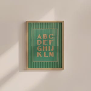 Green kids art, vintage art print, whimsical vintage aesthetic, coquette nursery decor, alphabet decor, alphabet art, playroom decor