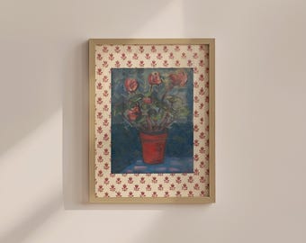 Botanical Wall Art: Red Floral Vintage Poster - Retro Nursery Decor