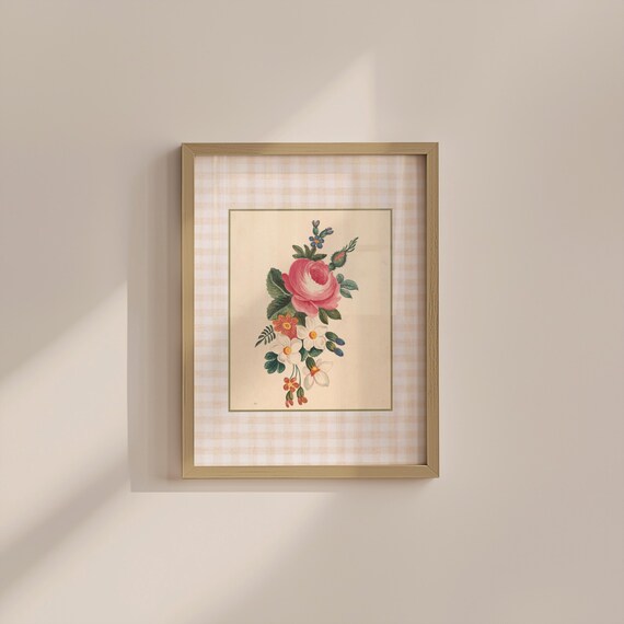 Vintage Floral Poster, Botanical Prints, Gingham Style (Digital Download)
