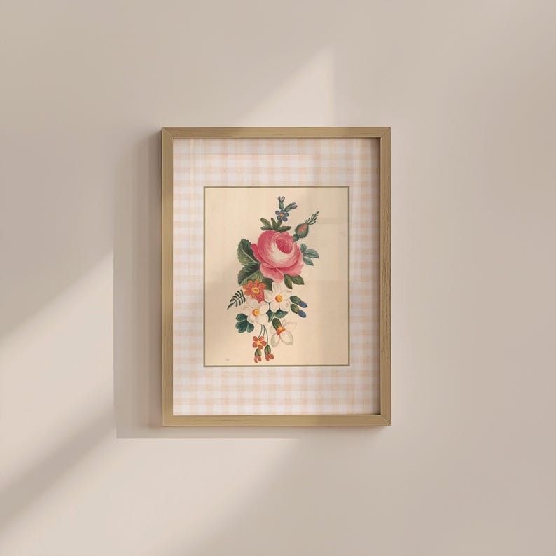 Vintage Botanical Prints, Gingham Floral Poster, Botanical prints, Antique Botanical Prints, Vintage Flower Art, Nursery Prints, Pink Prints
