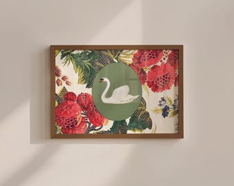 Swan Wall Art Print: Vintage Sketch - Black and White, Floral Accent