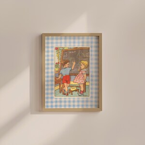 Kids Illustration, Kids Room At Print, Vintage Printable, Wall Art for Kids Room, Classic art print, Vintage Aesthetic, Gingham Art Print