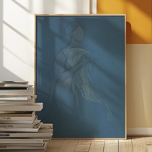 Abstract Portrait Wall Art, Vintage Drawing, Blue Living Room Decor, Downloadable Print, Large Wall Art, Vintage Art Print