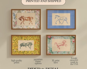 Equestrian Wall Art: Vintage Floral Prints - Framed Set of 4