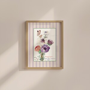 Floral Art Print - Vintage Flower Decor, Cottagecore Neutral Aesthetic, Striped Botanical Wall Art, Digital DOWNLOAD, Home Decor