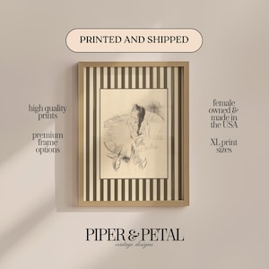 May include: Framed black and white print of a woman in a dress, with a striped background. The print is in a light brown frame. Text on the image includes "high quality prints", "premium frame options", "PRINTED AND SHIPPED", "female owned & made in the USA", "XL print sizes", and "PIPER & PETAL vintage designs".