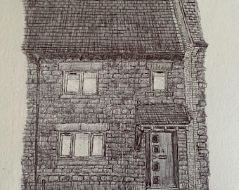 Original Handmade House Drawing. Biro Pen Sketch. Architecture Art. Custom Home Drawing.
