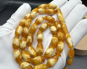 Pressed Baltic Amber Prayer Beads: Yellow Marble Islamic Rosary Tasbih