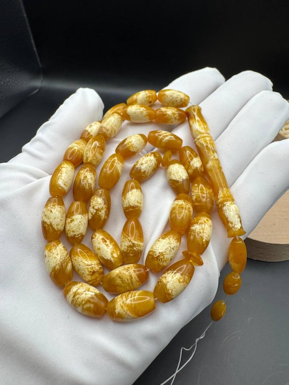 Pressed Baltic Amber Prayer Beads: Yellow Marble Islamic Rosary Tasbih