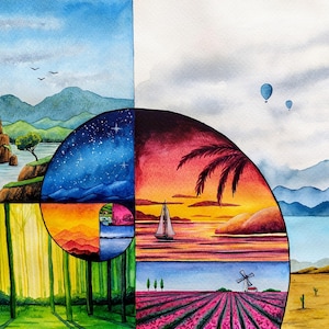 May include: A watercolor painting featuring a golden spiral composition that transitions through various landscapes, including a waterfall, a starry night, a sunset with a sailboat, a forest, a lavender field with a windmill, and a desert.