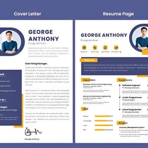 Könnte beinhalten: Eine Vorlage für ein Anschreiben und einen Lebenslauf für einen Programmierer namens George Anthony. Das Anschreiben enthält Kontaktinformationen und einen Abschnitt für den Personalchef. Der Lebenslauf hebt Ausbildung, Erfahrung und Projekte hervor.