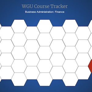 May include: A white honeycomb grid with a single red hexagon in the bottom right corner. The grid is on a blue background. The text "WGU Course Tracker" and "Business Administration: Finance" is at the top of the image.